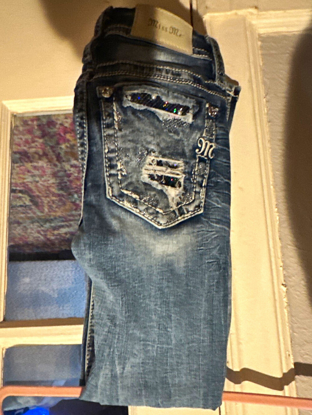 Miss Me Los Angeles Womens Mid Rise Skinny Jeans Blue Medium Wash Rhinestones